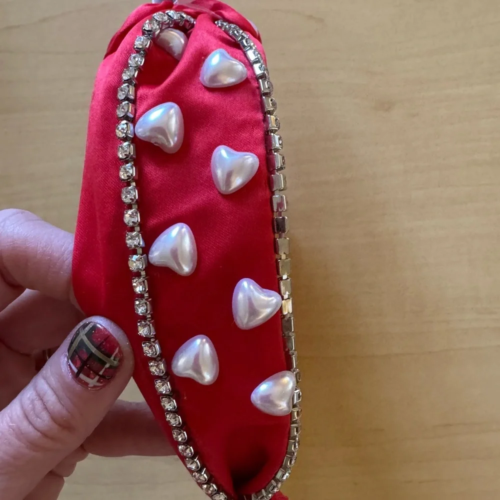 Valentine’s Day Red Statement Satin Headband Rhinestones, Pearls, and Hearts NWT